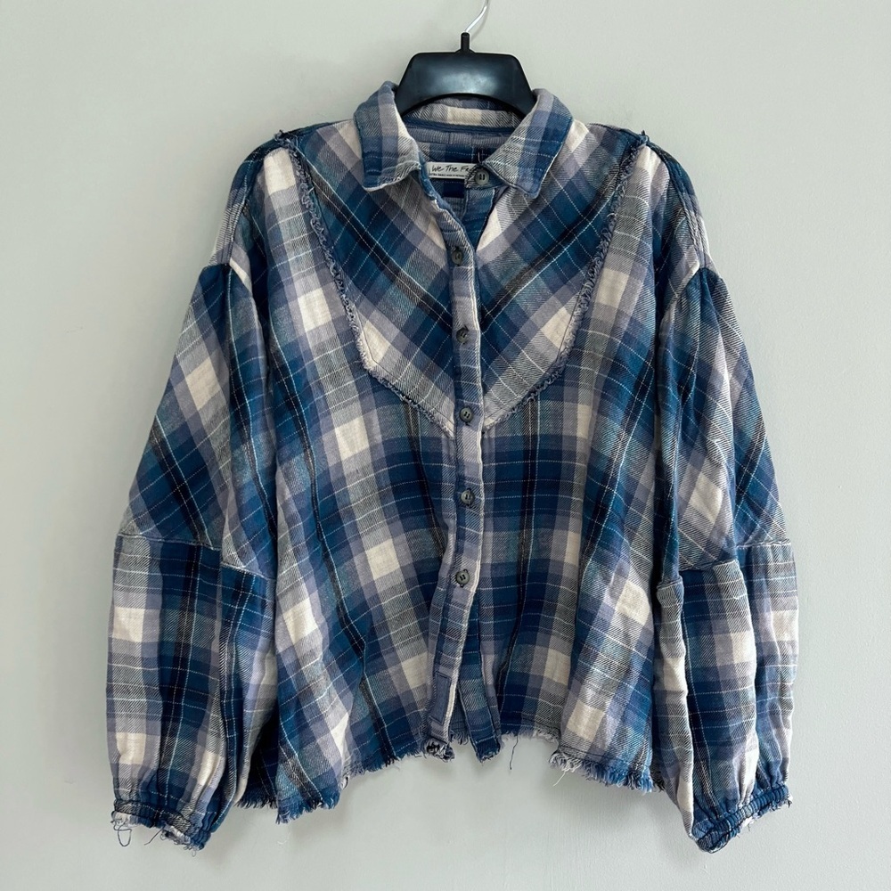 Free People Oversized Cotton Kyoto Plaid Raw Hem Button Down Top, Blue/White, XS